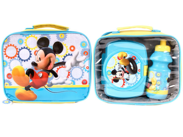 Disney Mickey Mouse children's 3 piece zip lunch bag with sport bottle and a snack container.